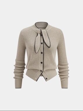 Commense Beige Knit Tie-Neck Cardigan with Black Trim